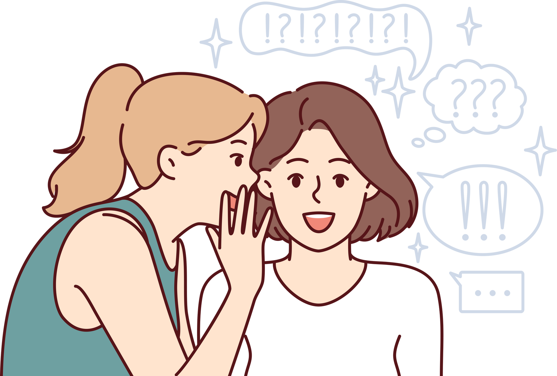 Women gossip and share secrets or discuss life of celebrity standing near dialogue bubbles